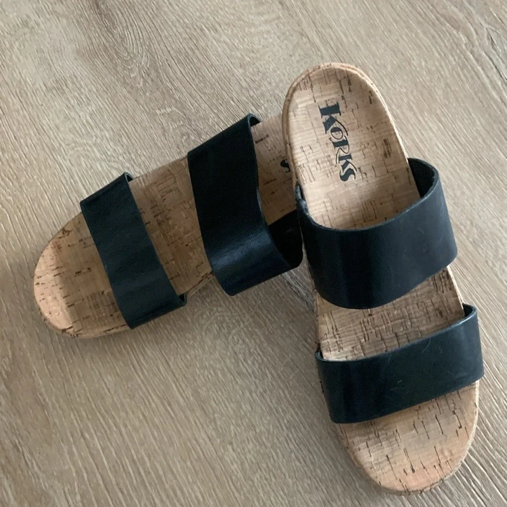 Korks Tidal Sandals Women's Size 8.5 M‎ Shoes Slides Double Strap Black Leather